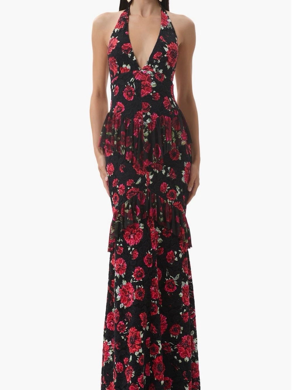 AFRM Black Halter Backless Maxi Dress with Red Floral Print